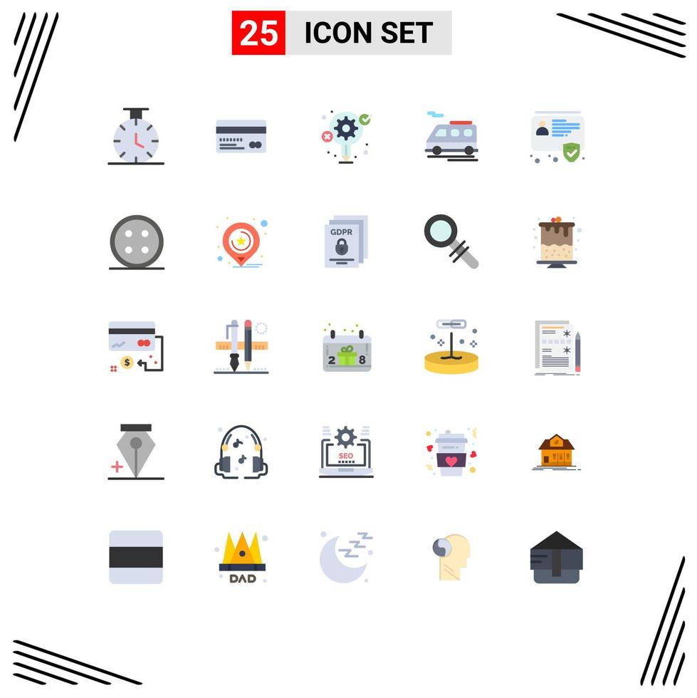 pack de 25 signes et symboles de couleurs plates modernes pour les supports d'impression Web tels que les badges de sécurité gear id transport éléments de conception vectoriels modifiables vecteur