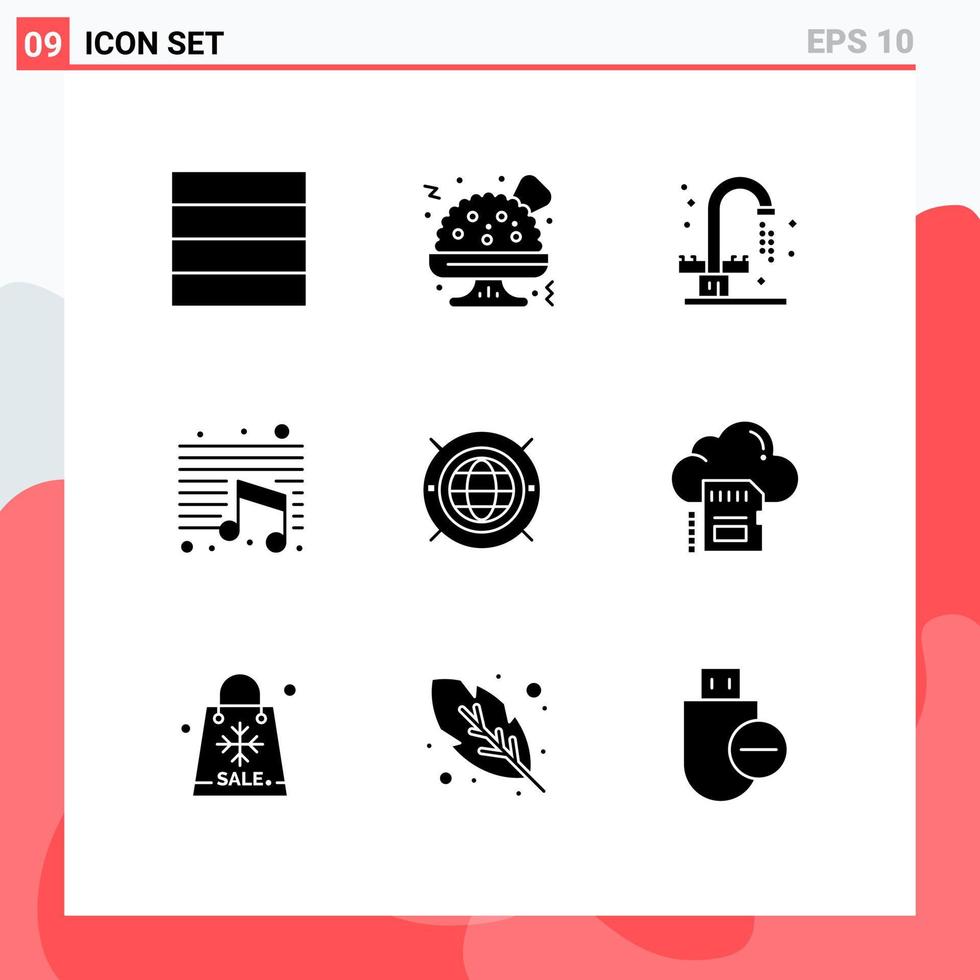9 concept de glyphe solide pour les sites Web mobile et applications carte informatique musique monde internet éléments de conception vectoriels modifiables vecteur