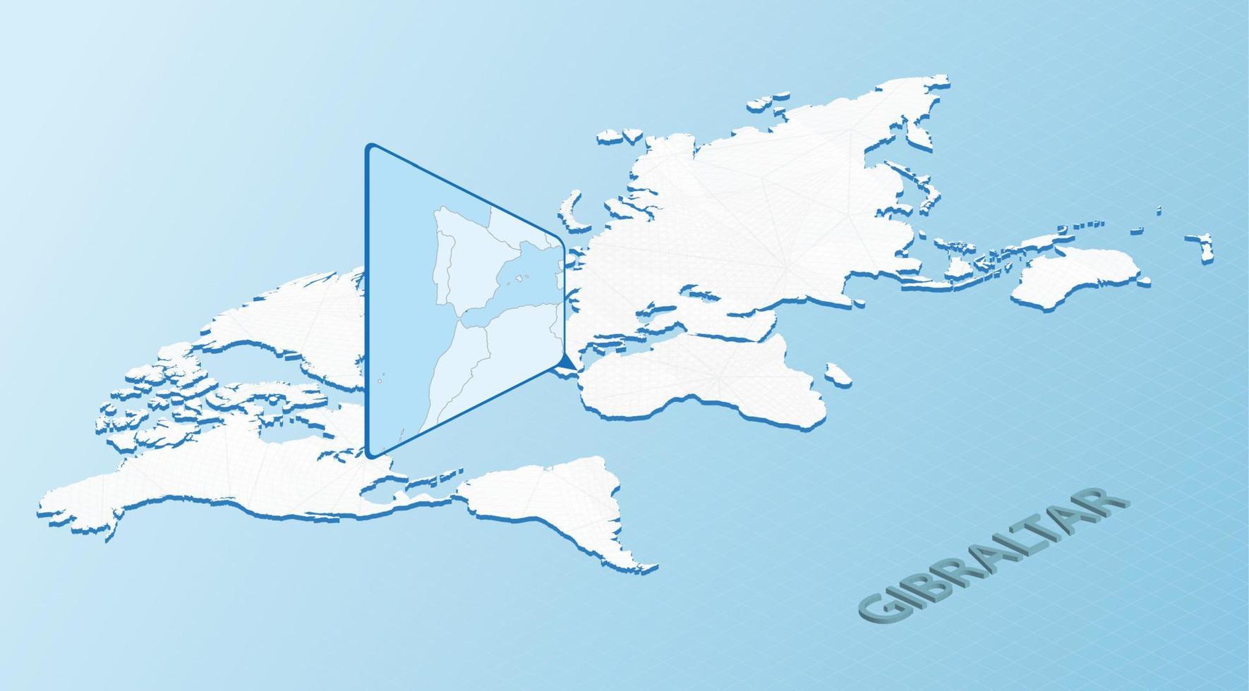 carte du monde en style isométrique avec carte détaillée de gibraltar. carte de gibraltar bleu clair avec carte du monde abstraite. vecteur