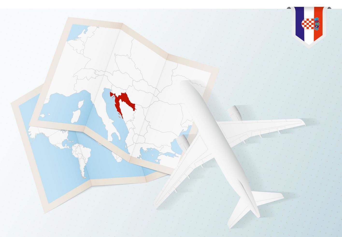 voyage en croatie, avion vue de dessus avec carte et drapeau de la croatie. vecteur