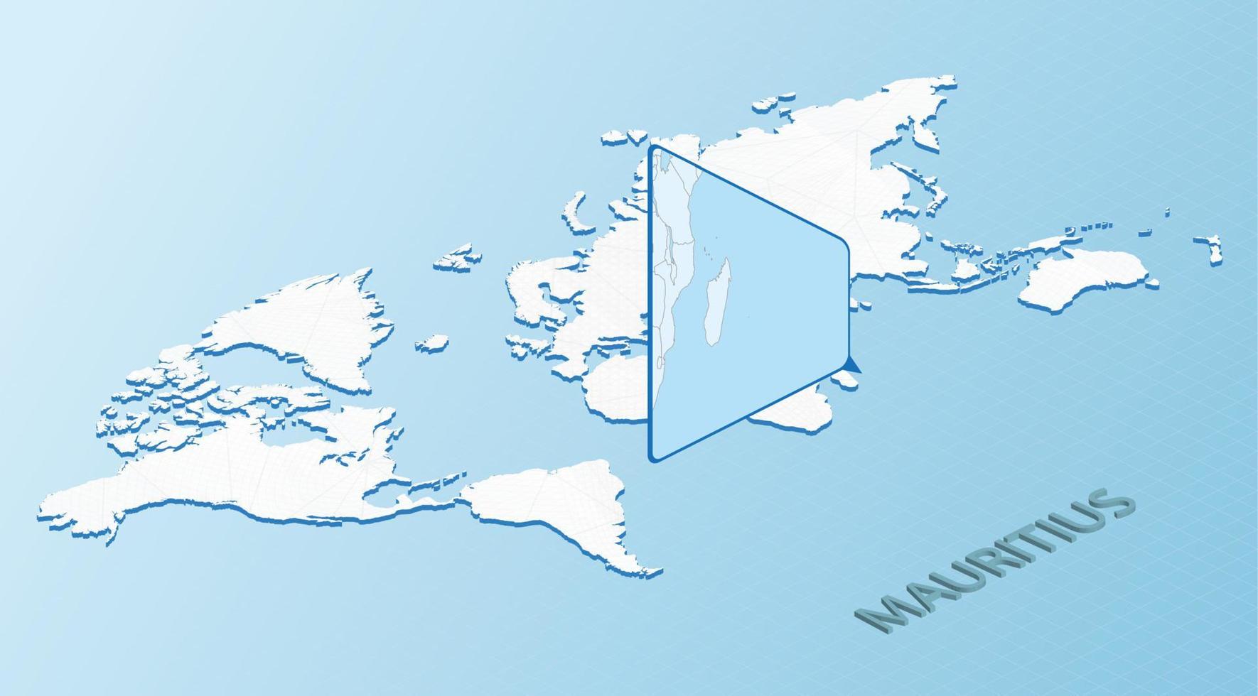 carte du monde en style isométrique avec carte détaillée de maurice. carte maurice bleu clair avec carte du monde abstraite. vecteur