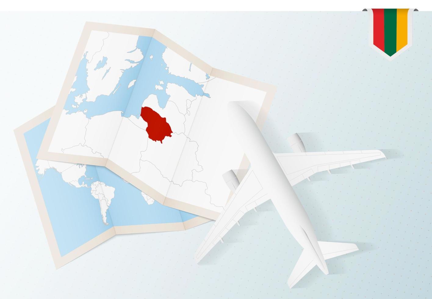 voyage en lituanie, avion vue de dessus avec carte et drapeau de la lituanie. vecteur