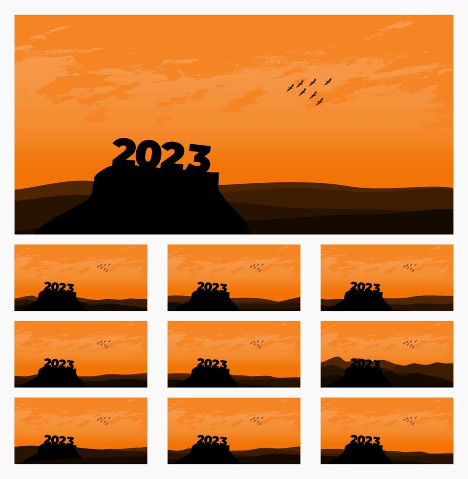 collection bonne année 2023 avec de grandes lettres de silhouette sur la montagne avec un beau coucher de soleil pour le concept de réussite. notion de nouvel an vecteur