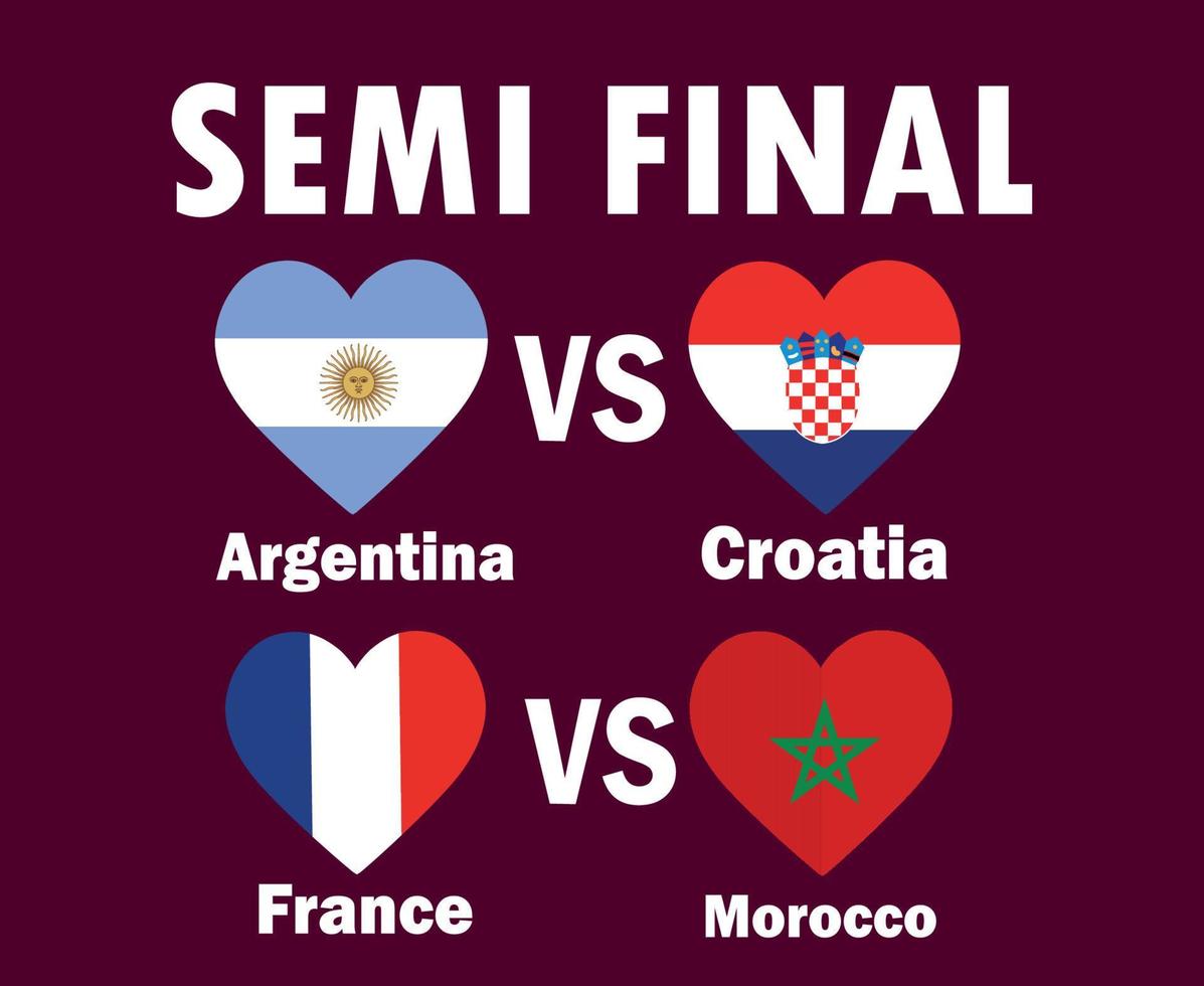 matchs de demi-finale france argentine croatie et maroc pays drapeau coeur avec noms symbole conception football final vecteur pays équipes de football illustration