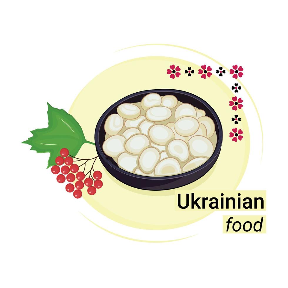 l'un des plats de la cuisine nationale ukrainienne, boulettes dans une assiette d'argile, pâte bouillie, vecteur plat, isoler sur blanc, inscription nourriture ukrainienne, autocollant