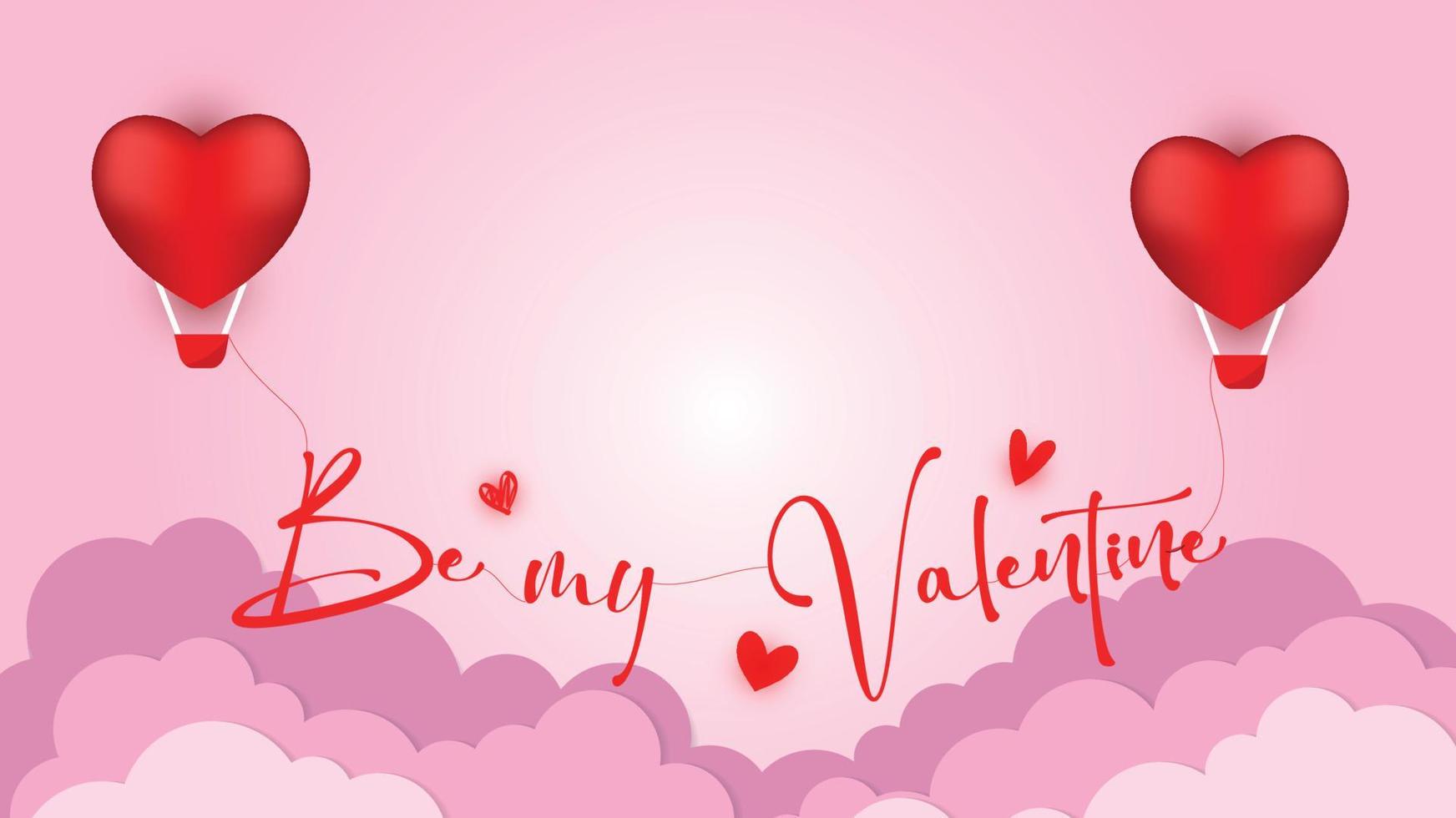 carte postale d'amour de vecteur pour la saint valentin avec l'inscription suspendue be my valentine papier nuages et fond rose