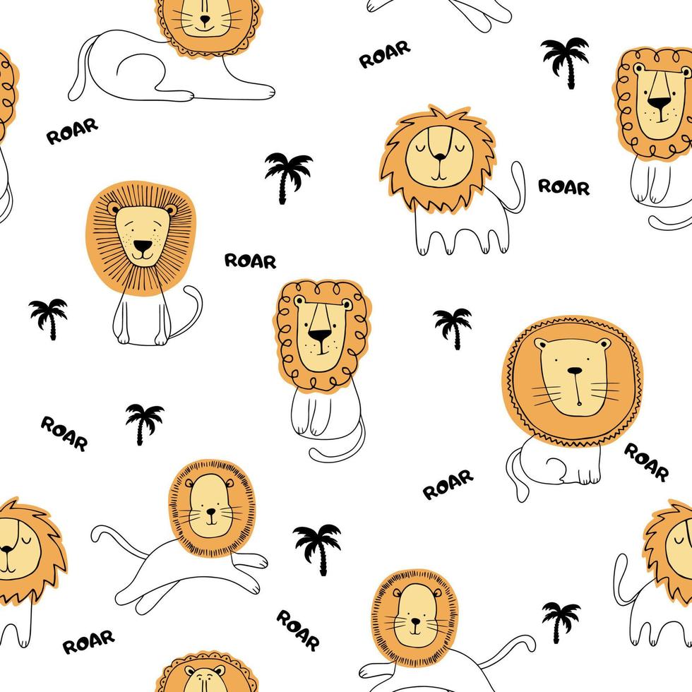 motif enfantin sans couture avec petit lion et palmiers. texture vectorielle mignonne pour la literie des enfants, le tissu, le papier peint, le papier d'emballage, le textile, l'impression de t-shirt vecteur