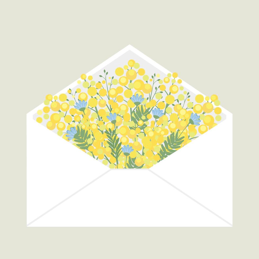 bouquet de mimosa dans l'enveloppe postale. fleurs jaunes printanières. cadeau pour maman, fille, carte de voeux vecteur