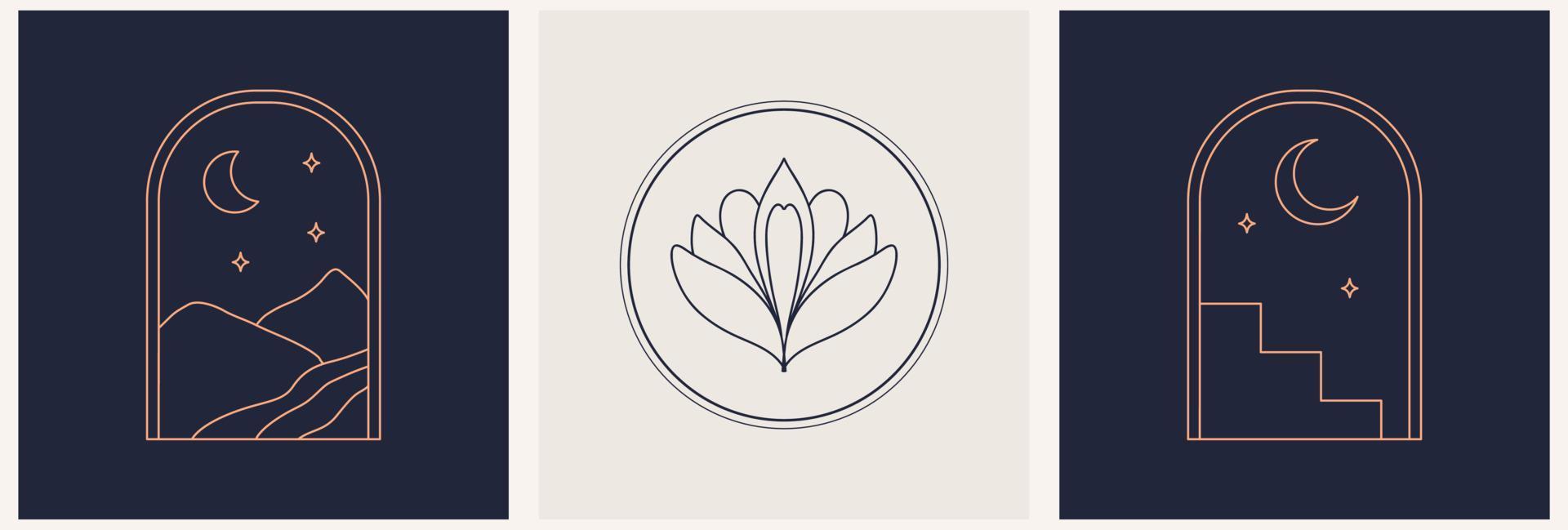 symboles de logo de modèle de jeu linéaire avec des arcs de lotus et de nuit sur un fond nu vecteur