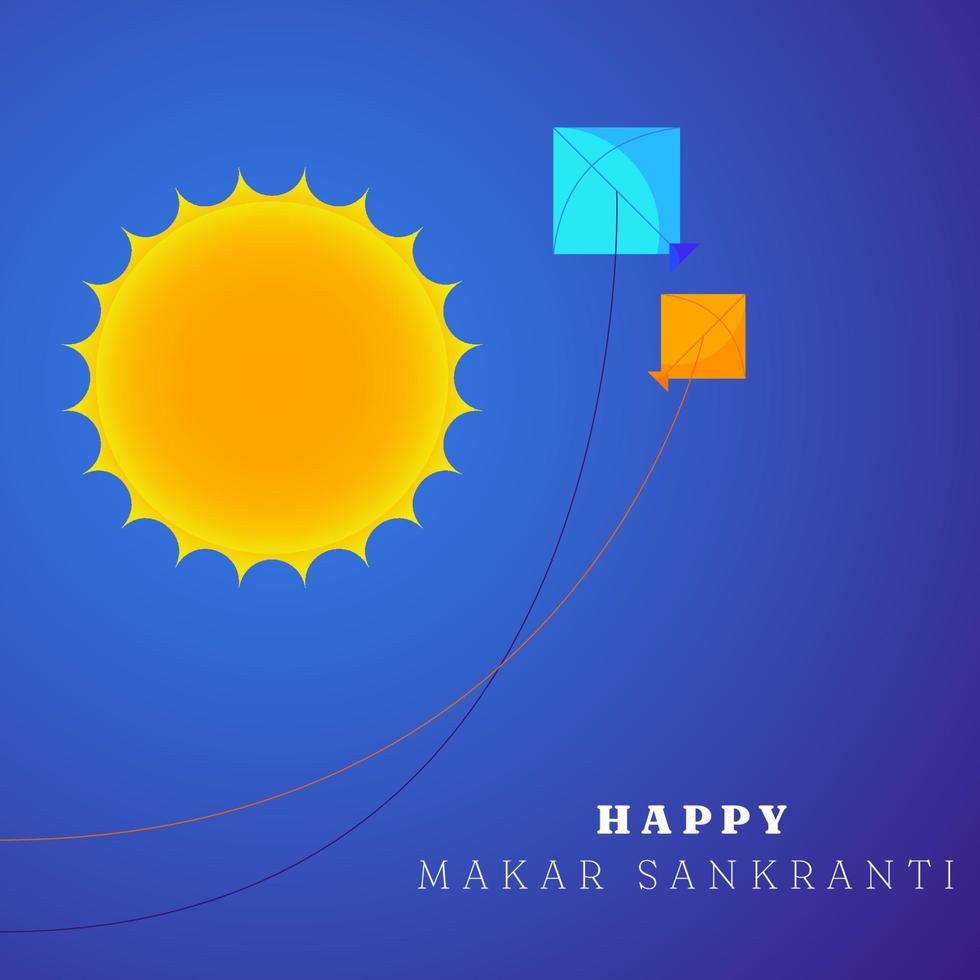 bannière makar sankranti heureuse créée avec le soleil et un objet cerf-volant coloré dans un ciel dégradé vecteur