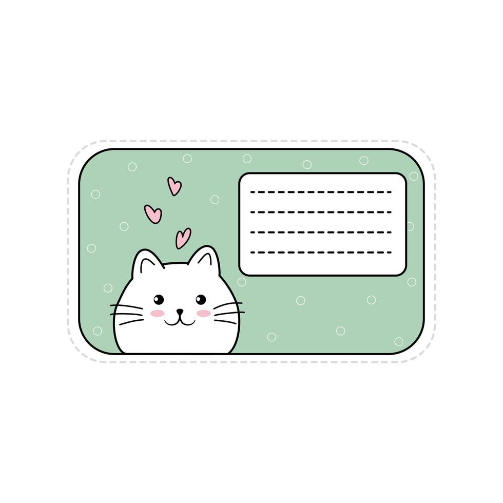 jolie carte postale, autocollant avec chat kawaii. carte de voeux pour notes d'amour, lettres, rappels. espace de copie. pour la conception d'agendas, de cahiers, de papiers à lettres, de bureau. produits d'impression. illustration vectorielle vecteur