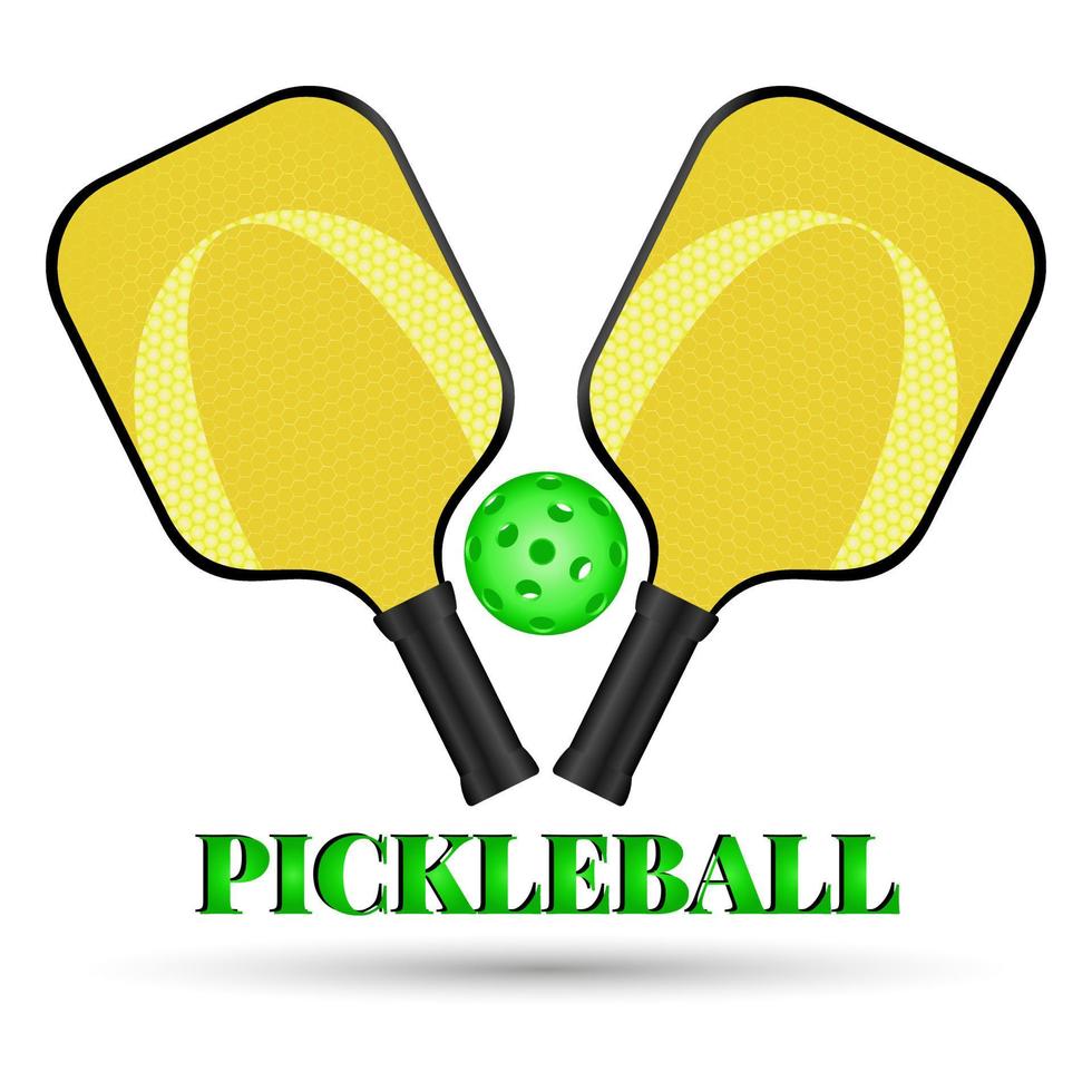 emblème de pickleball. deux raquettes croisées et une balle de pickleball. sports actifs pour toute la famille. équipements sportifs de pickleball pour jeux extérieurs. logo pour club de sport vecteur