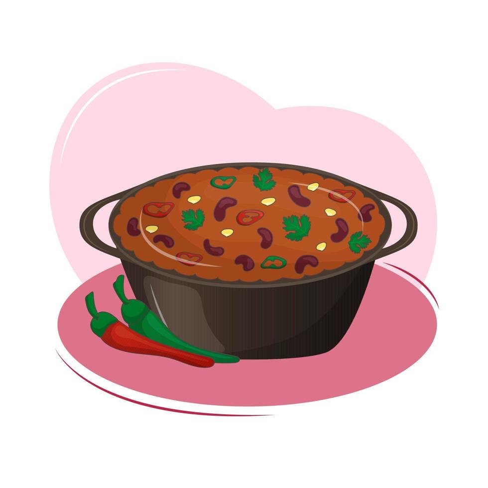 la cuisine mexicaine est un plat épicé avec de la viande et des haricots chili con carne dans une marmite en fonte. cuisine traditionnelle latino-américaine. illustration vectorielle. dessin animé. vecteur