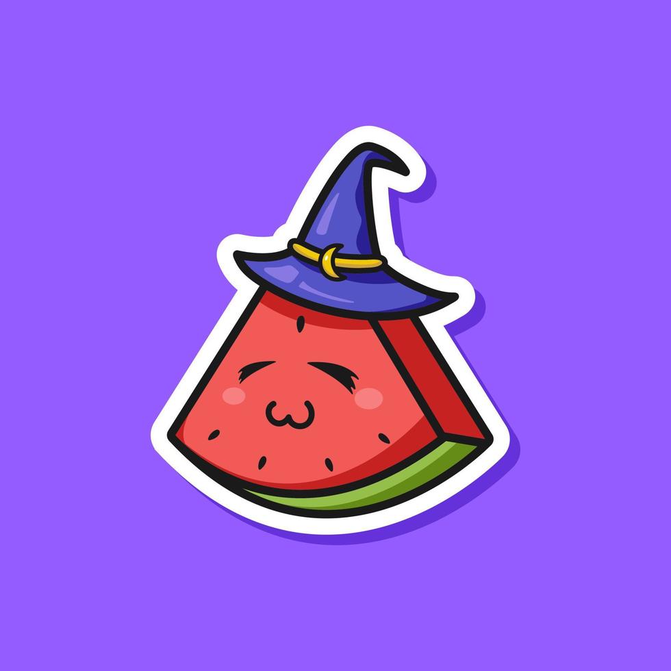 illustration de fruit de pastèque de magicien magique de dessin animé adorable mignon pour la mascotte et le logo d'icône d'autocollant vecteur
