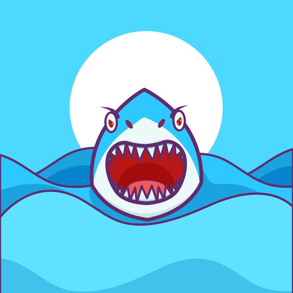 mignon adorable dessin animé requin de mer avec illustration de la bouche ouverte pour la mascotte et le logo de l'icône autocollant vecteur