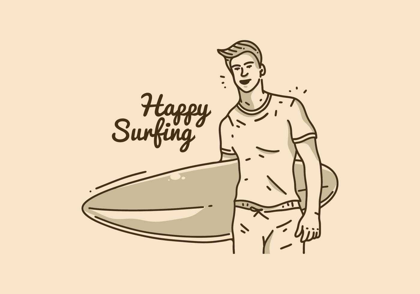 illustration vintage d'un homme tenant une planche de surf vecteur