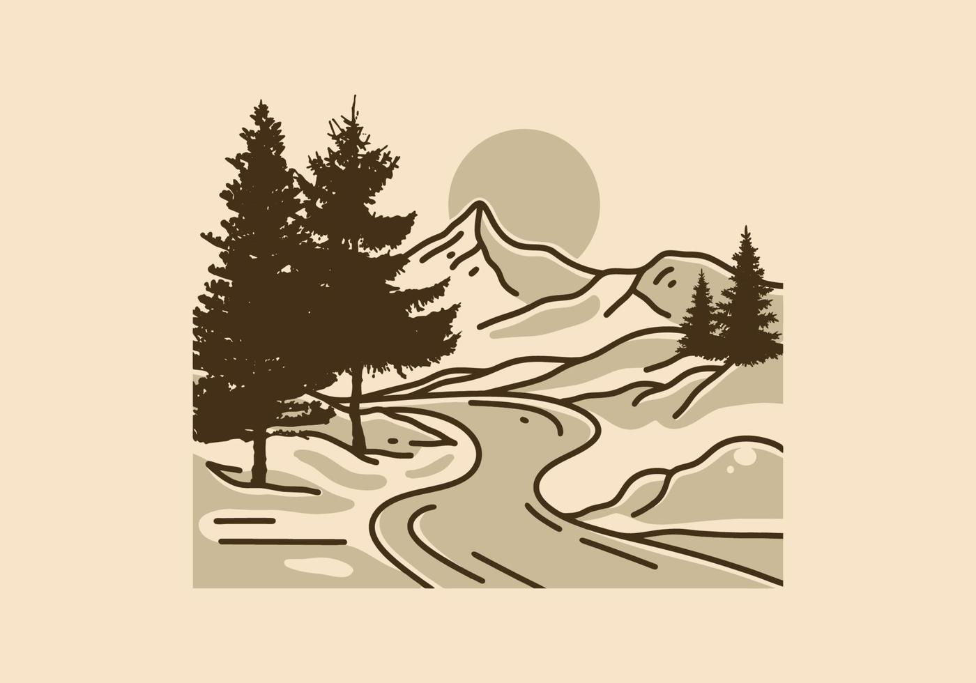 illustration d'art vintage de montagne et de rivière vecteur