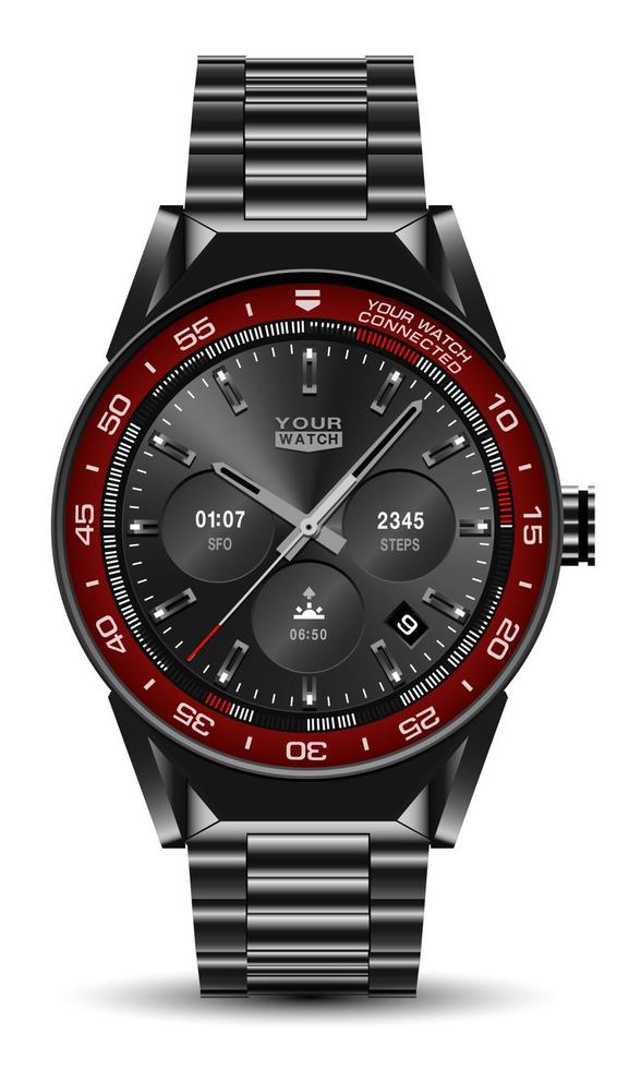 montre réaliste horloge chronographe noir rouge gris acier inoxydable design luxe moderne objet de mode pour hommes sur fond blanc vecteur