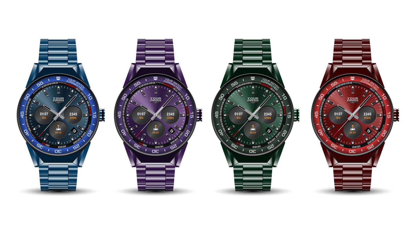 montre réaliste horloge chronographe bleu violet vert rouge gris acier inoxydable collection sur blanc design luxe moderne objet de mode pour hommes sur fond blanc vecteur