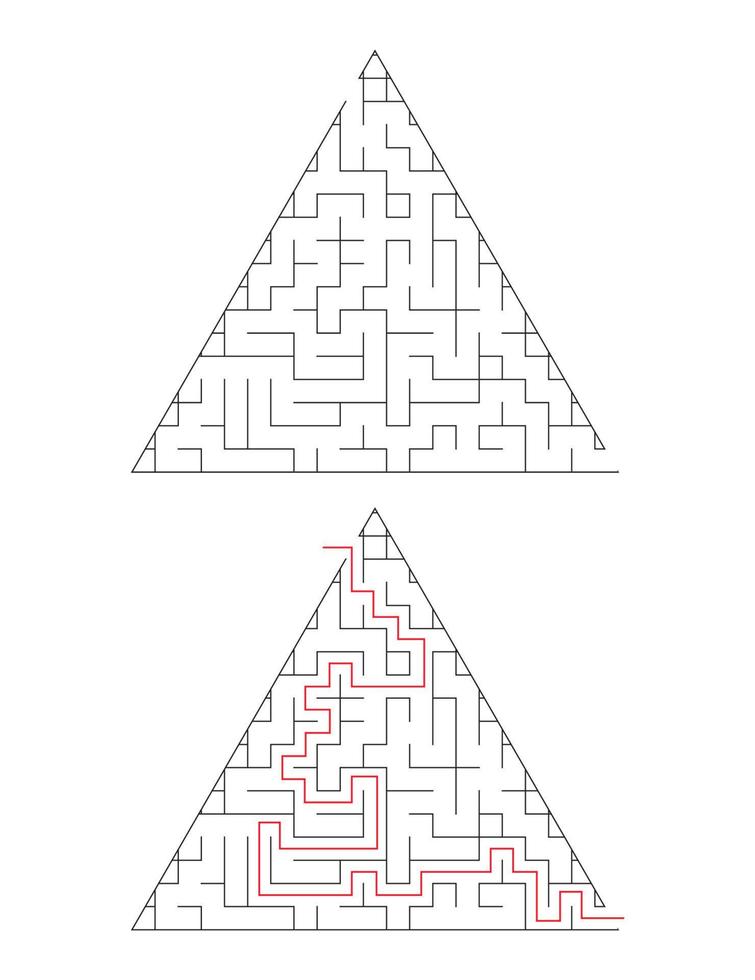 le labyrinthe triangulaire a une entrée et une sortie. labyrinthe avec la réponse, le chemin de passage vecteur