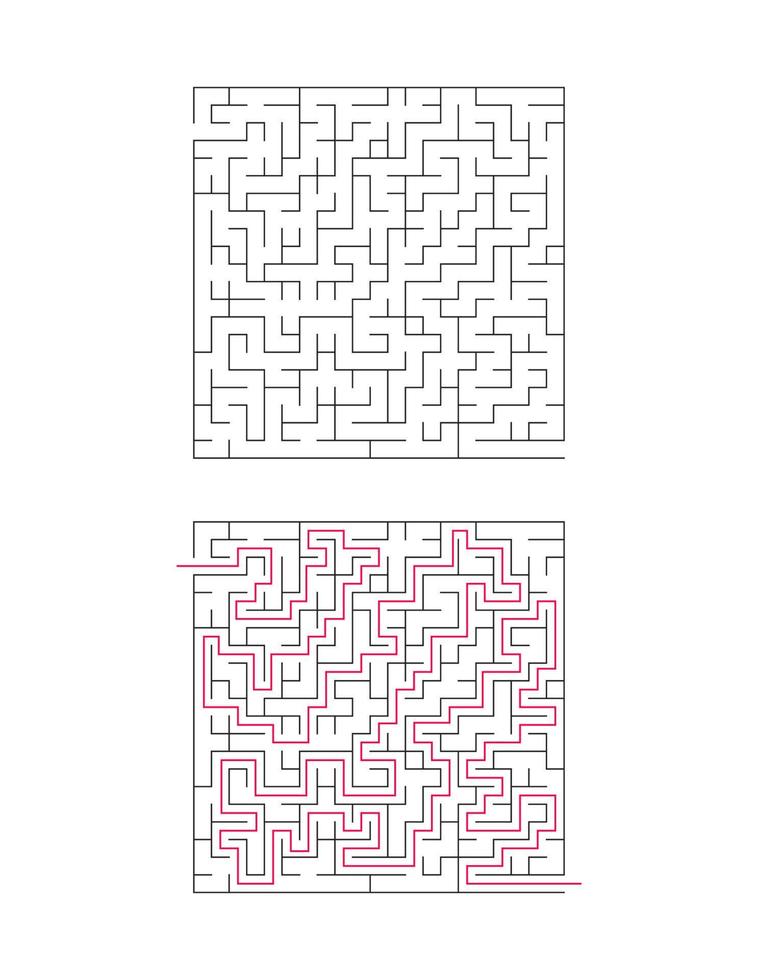 le labyrinthe carré a une entrée et une sortie. labyrinthe avec la réponse, le chemin de passage vecteur