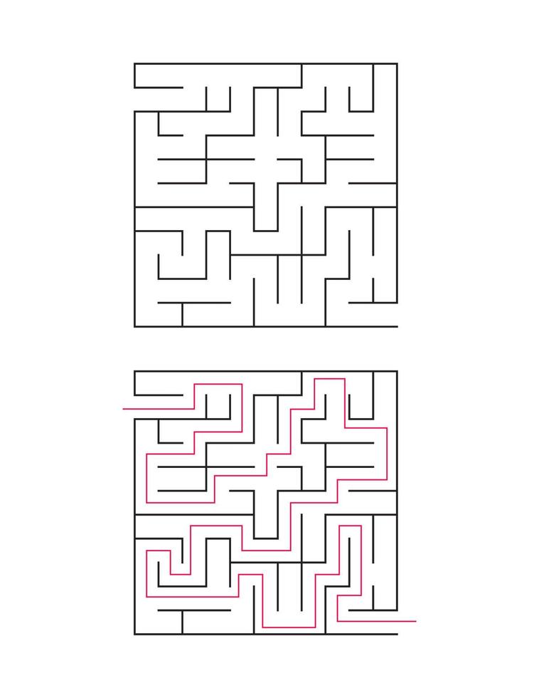 le labyrinthe carré a une entrée et une sortie. labyrinthe avec la réponse, le chemin de passage vecteur