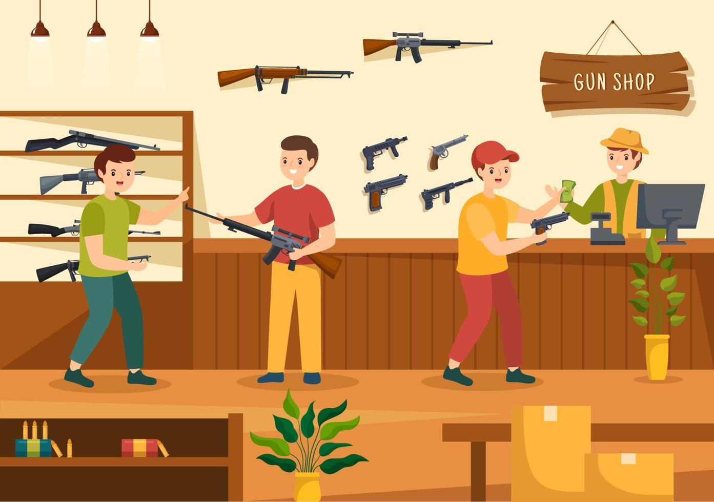 armurerie ou chasse avec fusil, balle, arme et équipement de chasse dans un dessin animé de style plat illustration de modèles dessinés à la main vecteur