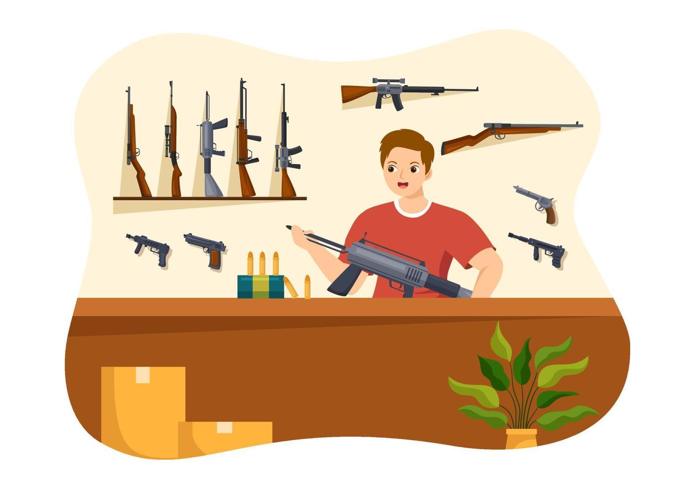 armurerie ou chasse avec fusil, balle, arme et équipement de chasse dans un dessin animé de style plat illustration de modèles dessinés à la main vecteur