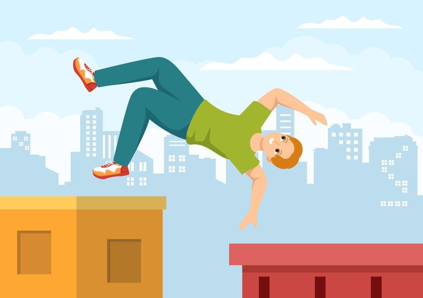 sports de parkour avec de jeunes hommes sautant par-dessus les murs et les barrières dans les rues et les bâtiments de la ville en illustration de modèle dessiné à la main de dessin animé plat vecteur