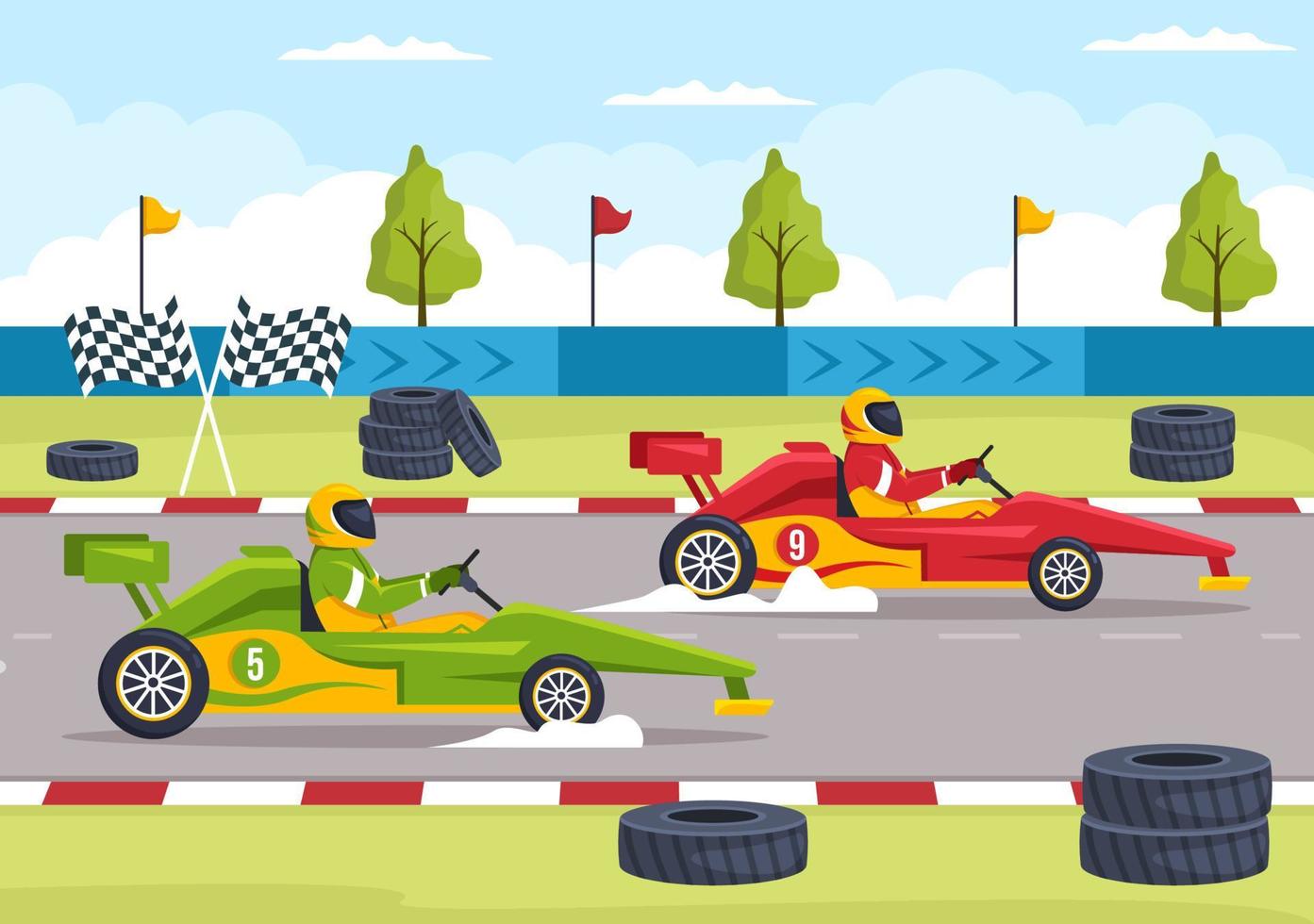 sport de karting avec jeu de course kart ou mini voiture sur une petite piste de circuit en illustration de modèle dessiné à la main de dessin animé plat vecteur