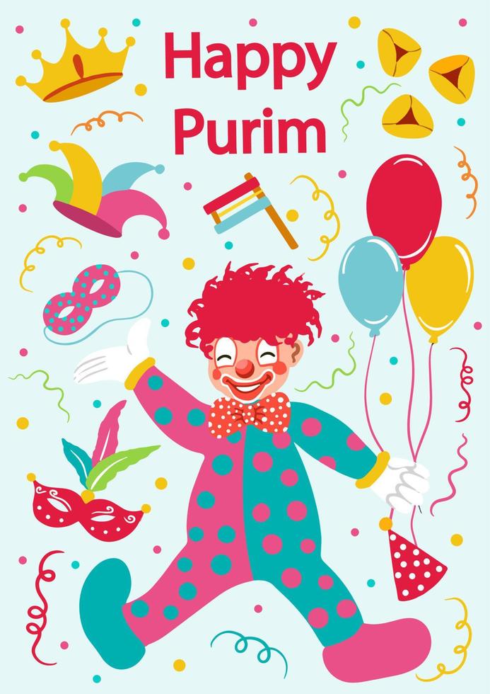 bannière pour la fête juive de purim avec masques et accessoires traditionnels. joyeux souhait de pourim, félicitations. illustration vectorielle vecteur