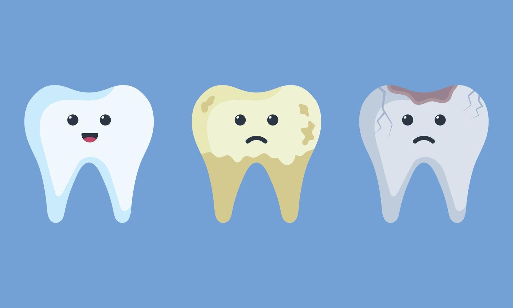 dessin animé mignon dents heureuses blanches saines et dent triste gâtée jaune avec des visages souriants. illustration vectorielle de concept d'éléments infographiques dentaires au design plat. vecteur