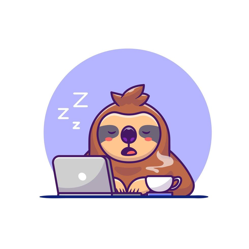 paresseux endormi avec illustration d'icône de vecteur de dessin animé ordinateur portable et café. concept d'icône de technologie animale isolé vecteur premium. style de dessin animé plat