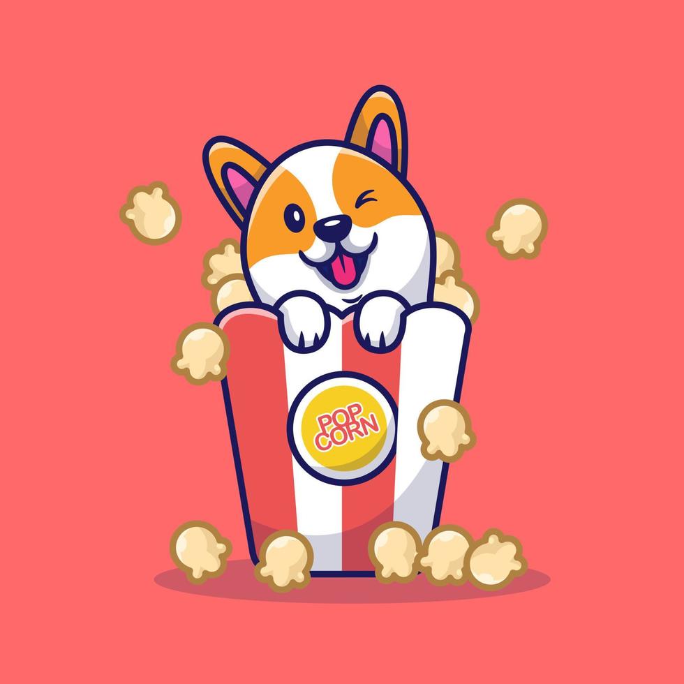 chien corgi mignon avec illustration d'icône de vecteur de dessin animé de pop-corn. concept d'icône d'aliments pour animaux isolé vecteur premium. style de dessin animé plat