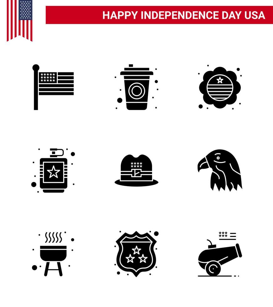 pack de lignes vectorielles modifiables de la journée des états-unis 9 glyphes solides simples de casquette drapeau liquide boisson de la hanche éléments de conception vectoriels modifiables de la journée des états-unis vecteur