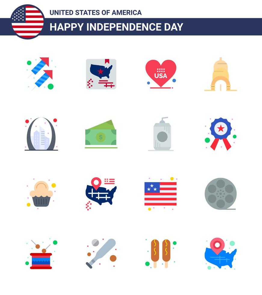 ensemble de 16 icônes de la journée des états-unis symboles américains signes de la fête de l'indépendance pour le coeur de l'arc de la porte usa chrysler éléments de conception vectoriels de la journée des états-unis modifiables vecteur