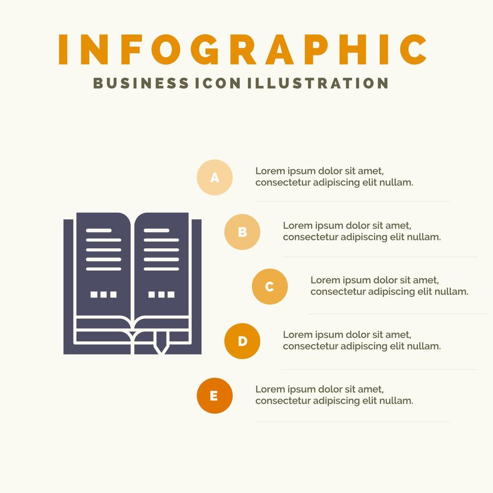 livre éducation ouvert solide icône infographie 5 étapes présentation fond vecteur