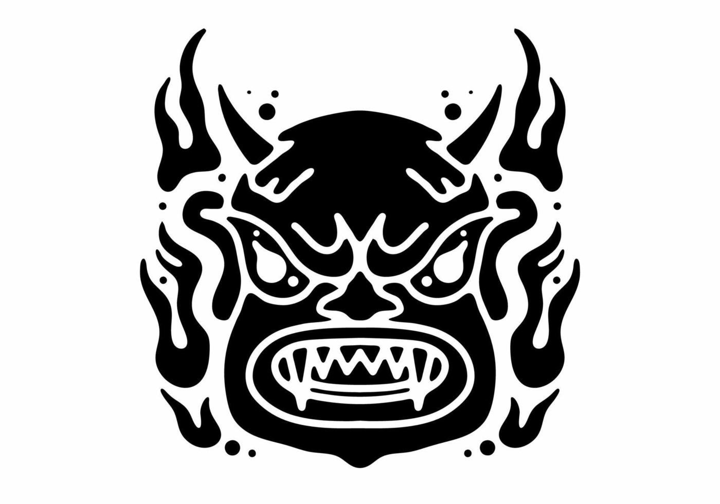 conception de tatouage de visage de monstre avec corne et flamme de feu vecteur