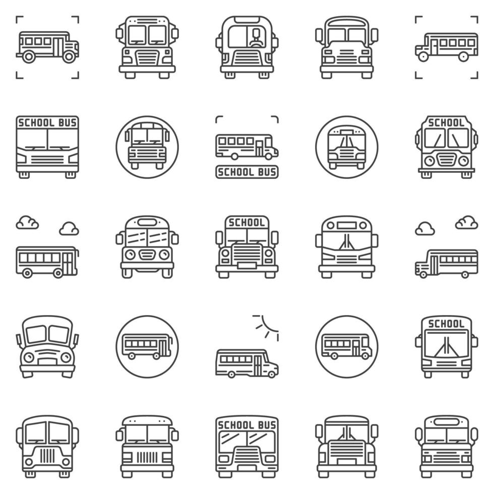 ensemble d'icônes de contour d'autobus scolaire. symboles de transport de vecteur de bus