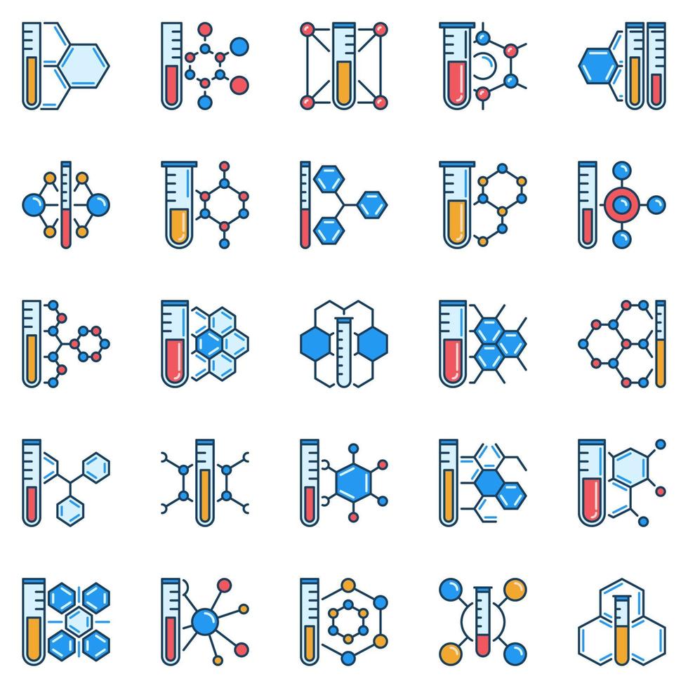 composé chimique avec ensemble d'icônes créatives de tube à essai. tube d'échantillon et signes vectoriels de formule chimique vecteur