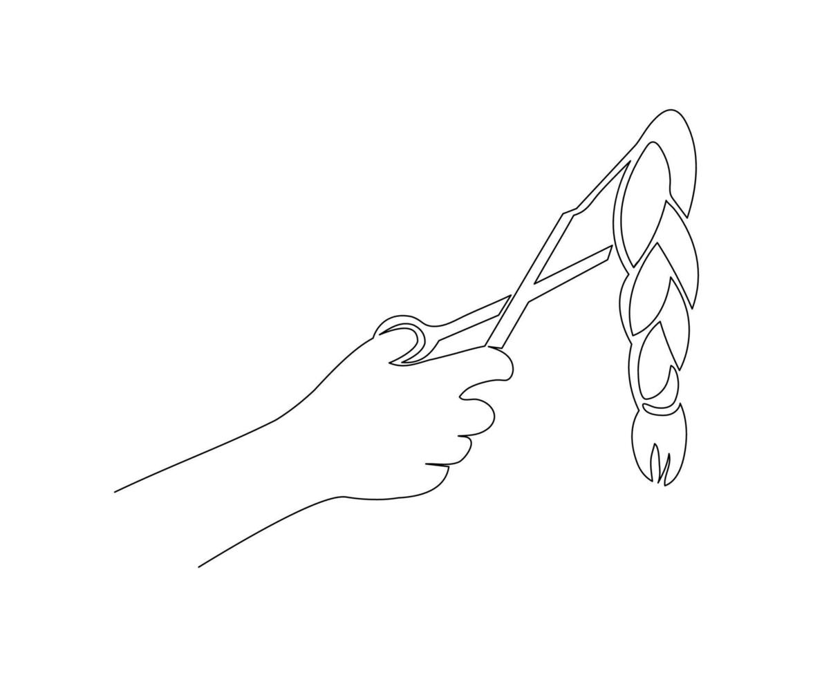 main abstraite avec des ciseaux et une tresse. un dessin au trait. logo du salon de coiffure vecteur