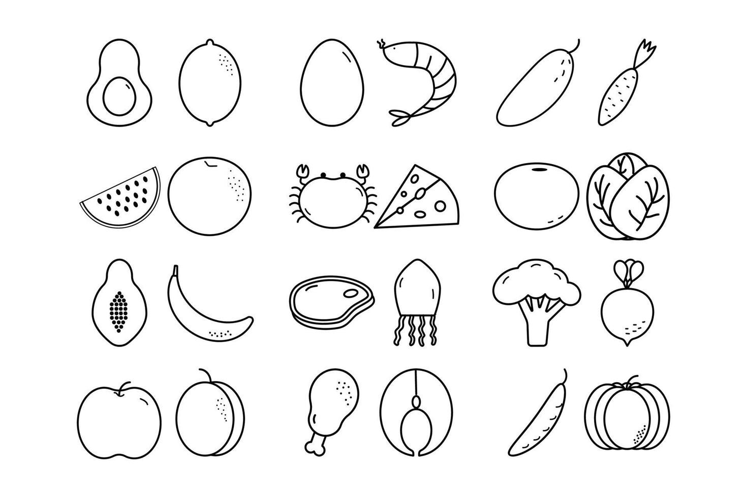 contour vectoriel icônes d'aliments sains. set de cuisine