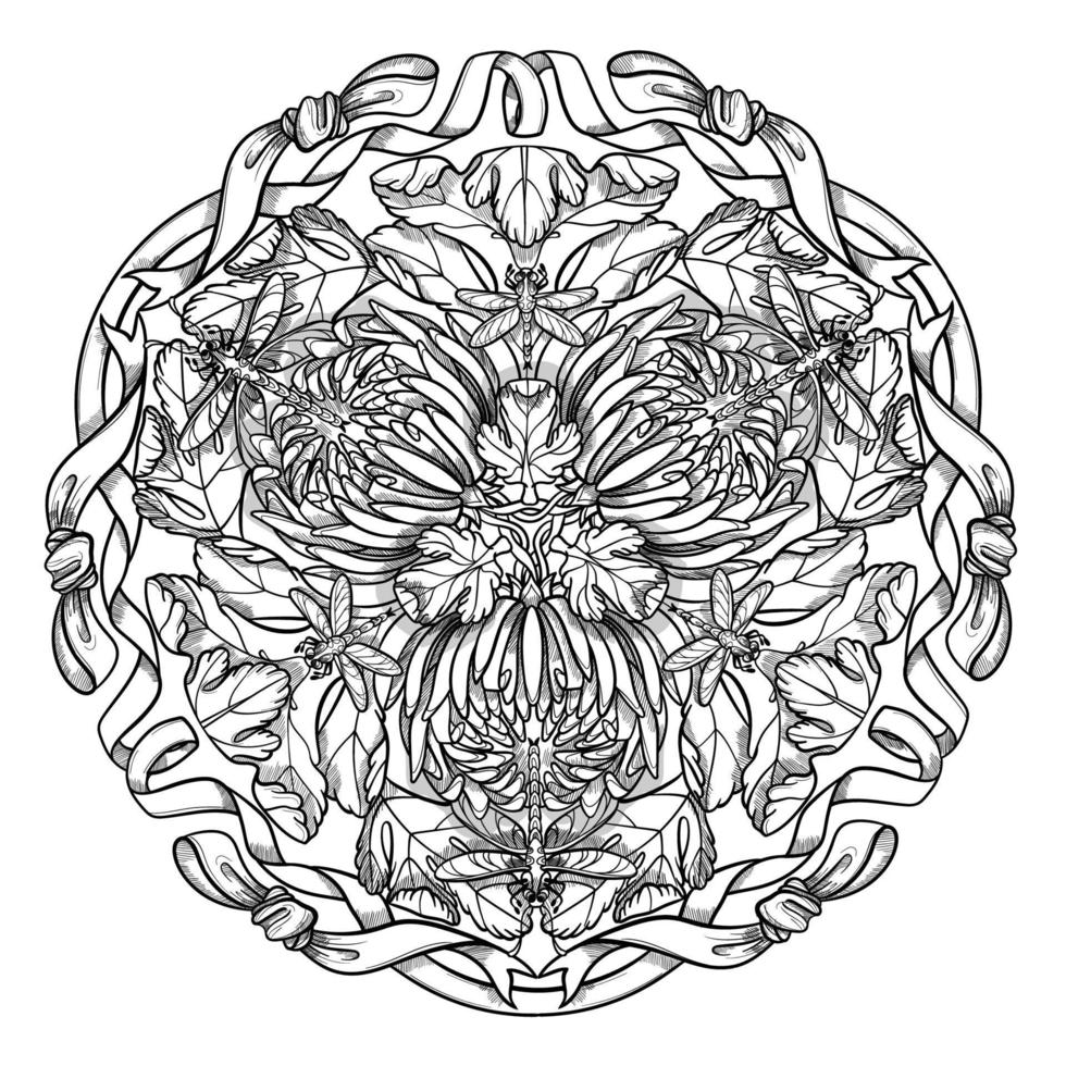 mandala floral doodle noir et blanc asymétrie. bouquet ligne art vecteur illustration isolé sur blanc