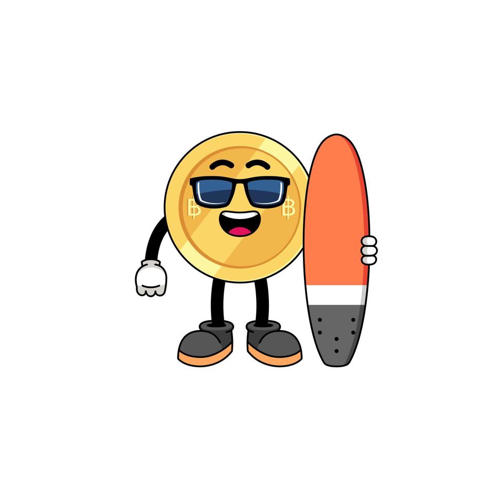 caricature de mascotte de baht thaïlandais en tant que surfeur vecteur