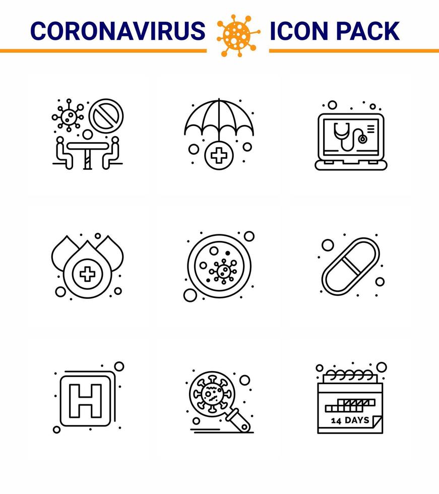 nouveau coronavirus 2019ncov 9 ligne pack d'icônes microbe sang bactérie médicale goutte coronavirus viral 2019nov éléments de conception de vecteur de maladie