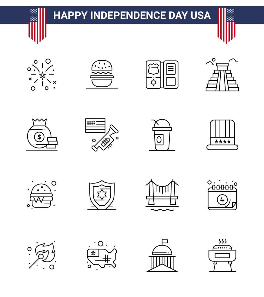 pack de 16 lignes créatives liées à la fête de l'indépendance des états-unis de sac usa livre bâtiment américain modifiable usa day vector design elements