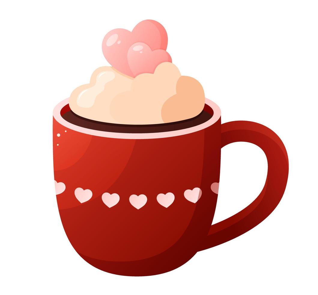 tasse pour la saint valentin. mug avec café, cacao, crème, coeurs décoratifs. illustration vectorielle. vecteur