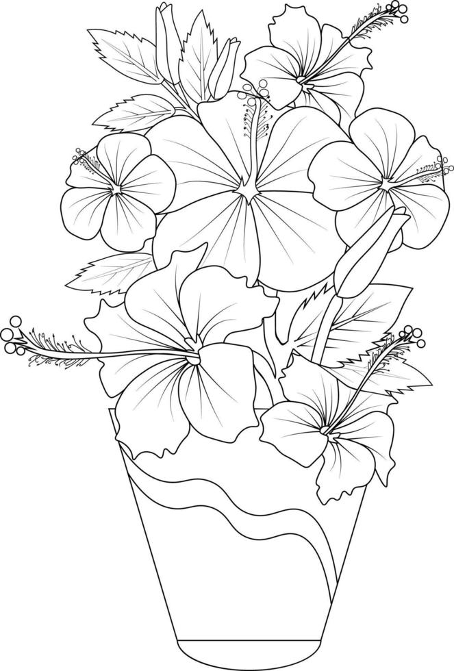 croquis vectoriel de fleurs d'hibiscus, un vase de bourgeons de feuilles simplicité dessinée à la main, embellissement, fleurs de rose de chine, isolé sur fond blanc livre de couleurs de conception d'illustration d'encre.
