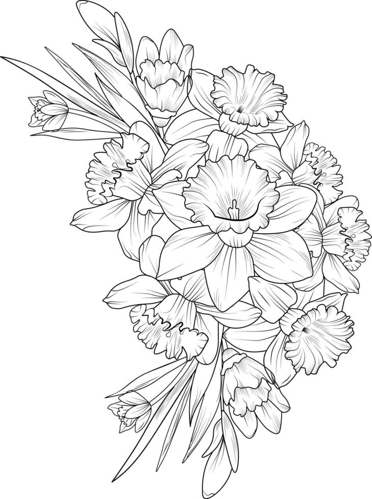 jonquilles dessinées à la main, bouquet de fleurs de narcisse illustration de croquis de vecteur collection de branche de feuille botanique d'art d'encre gravée isolée sur fond blanc coloriage et livres.
