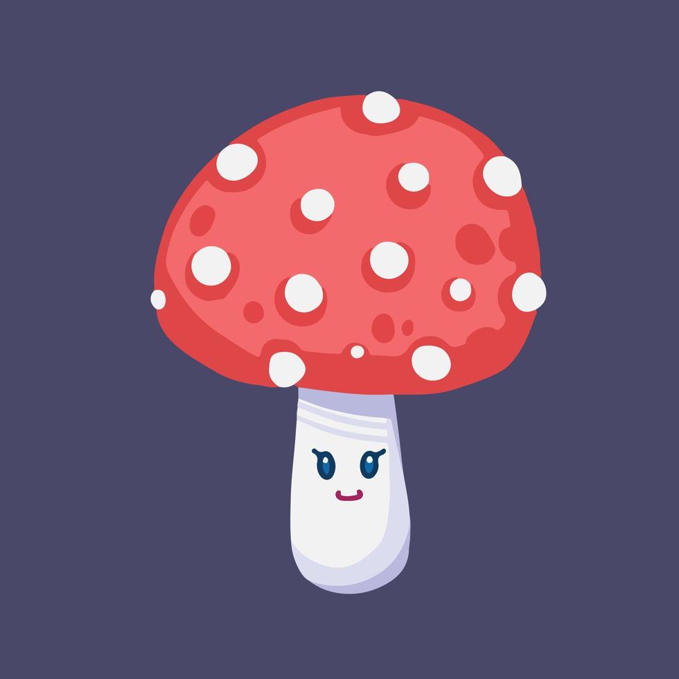 joli sourire rouge sauvage jolie forêt champignon vecteur avatar personnage mascotte illustration isolé sur fond gris foncé uni. dessin de personnage mignon kawaii avec style d'art plat de dessin animé.